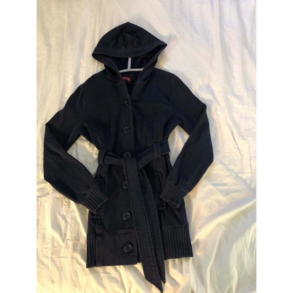 Forever 21 vintage Y2K dark blue, button down, hooded trench coat Size Small